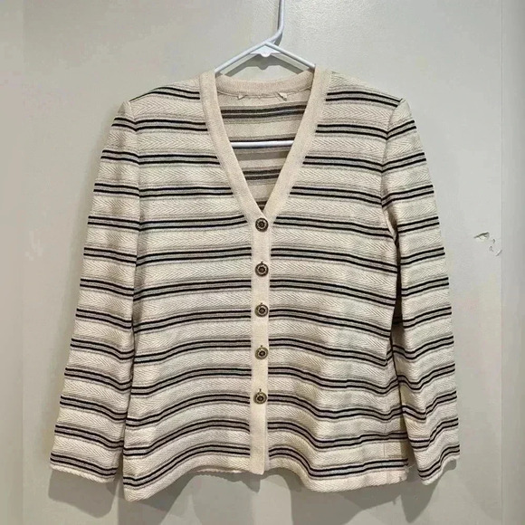 St. John Gold White And Black Metallic Striped Cardigan NEW - Picture 1 of 8